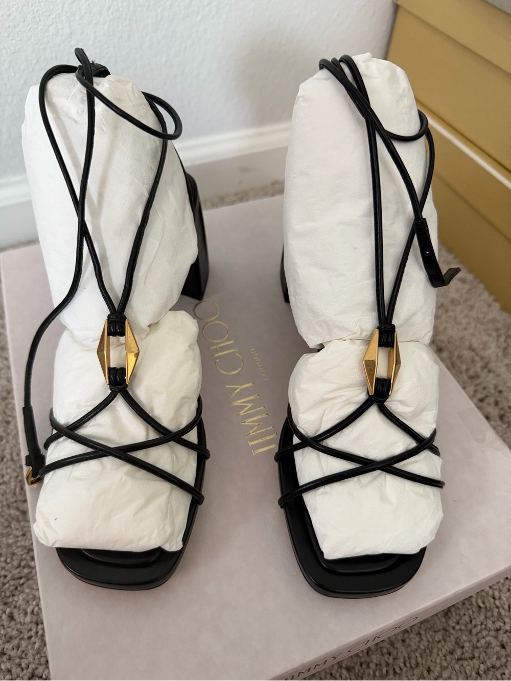 Jimmy Choo Black Leather Lace-Up Sandal with Gold Hardware